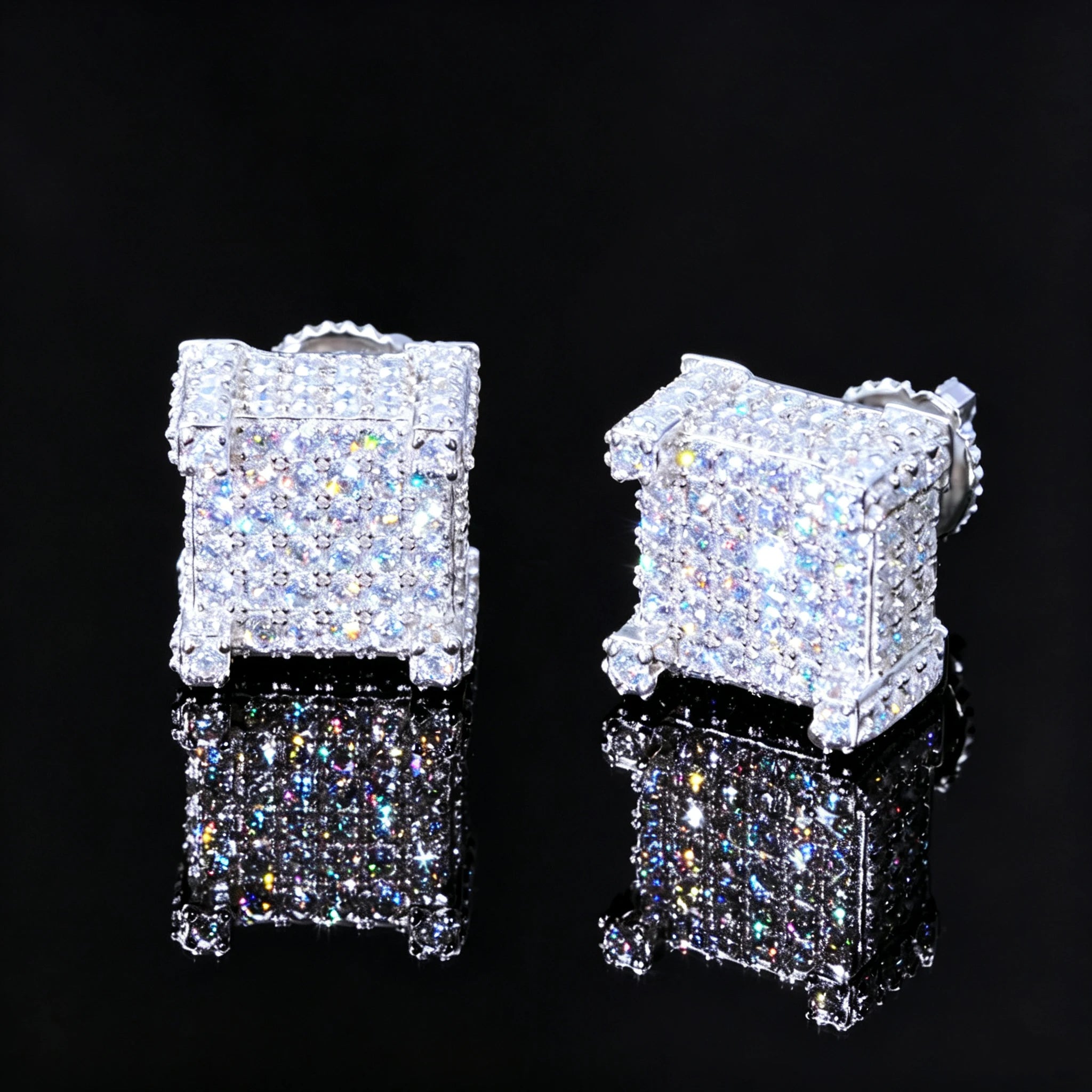 925s VVS Moissanite Full Iced 3D Cube Earrings In White Gold, 2 05ct total VVS moissanite, side back angle view, micro pave square stud earrings, screw back iced out hip hop jewelry for men, RDRIP JEWELRY