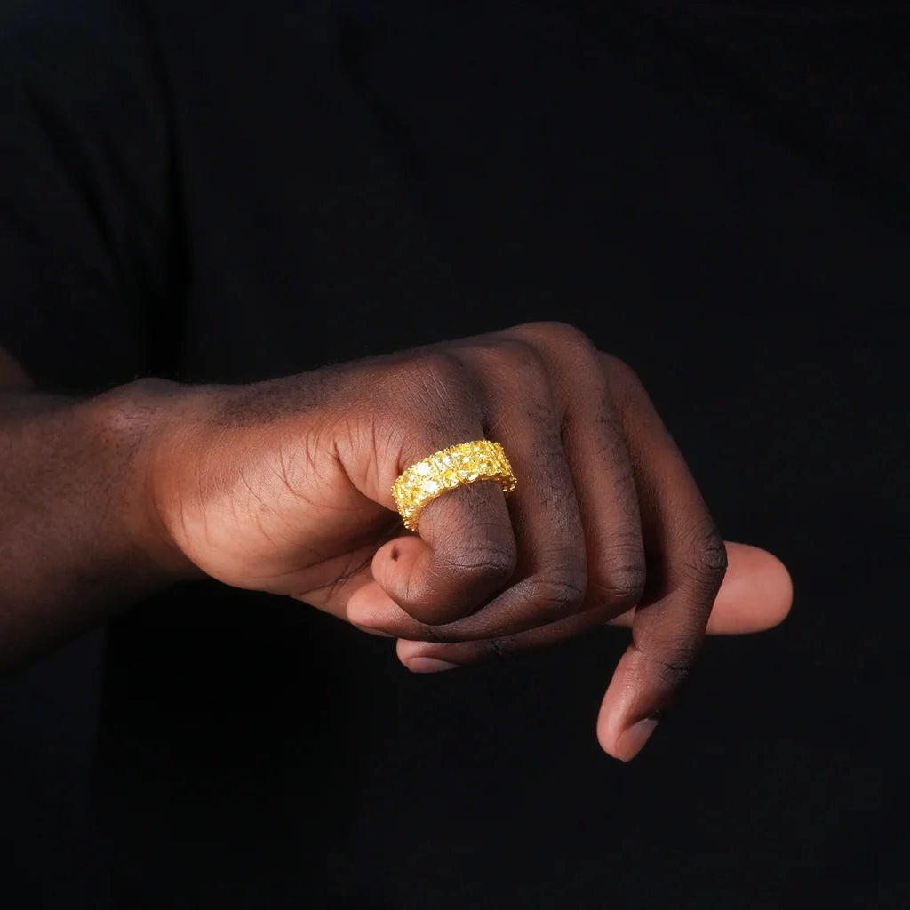 lifestyle worn shot 9mm canary yellow double row iced out eternity ring on mens hand 18k gold plated aaa cubic zirconia hip hop full band statement ring RDRIP JEWELRY

