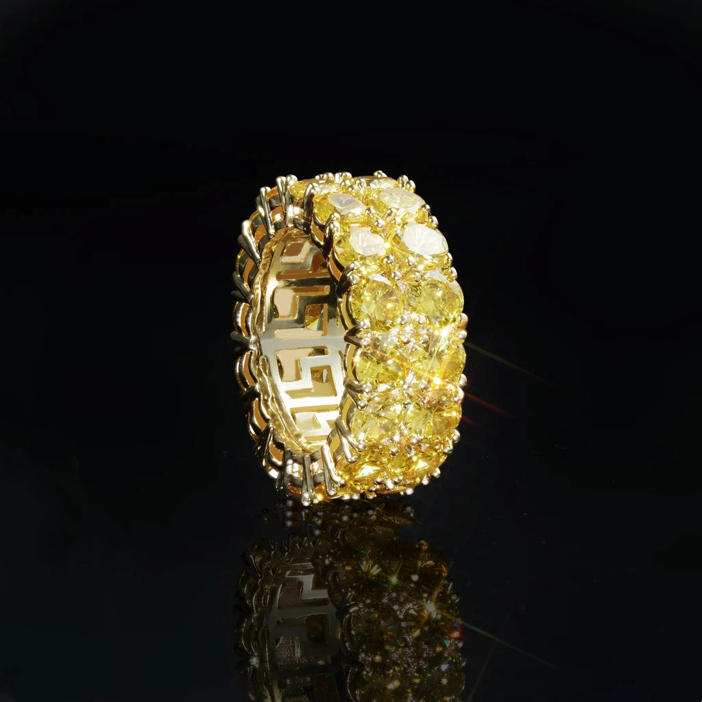 side profile view 9mm canary yellow double row iced out eternity ring men hip hop bling jewelry 18k gold plated copper setting aaa cubic zirconia full band ring RDRIP JEWELRY
