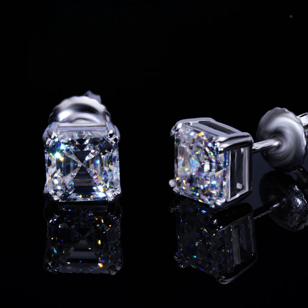 Polished S925 Sterling Silver Asscher Cut VVS Moissanite Solitaire Stud Earrings with Secure Screw Backs, Dazzling Unisex Hip Hop Ear Jewelry RDRIP JEWELRY
