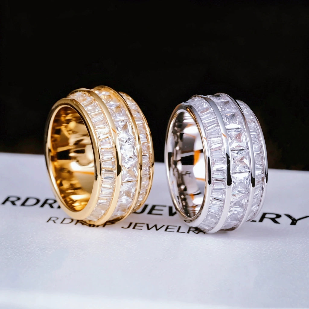 Baguette Square Triple Row Ring 12mm wide band men hip hop jewelry, hand set flawless VVS simulated diamonds full pavé stacked ring, gold and silver two tone iced out statement ring for men heavy weight bling ring RDRIP JEWELRY
