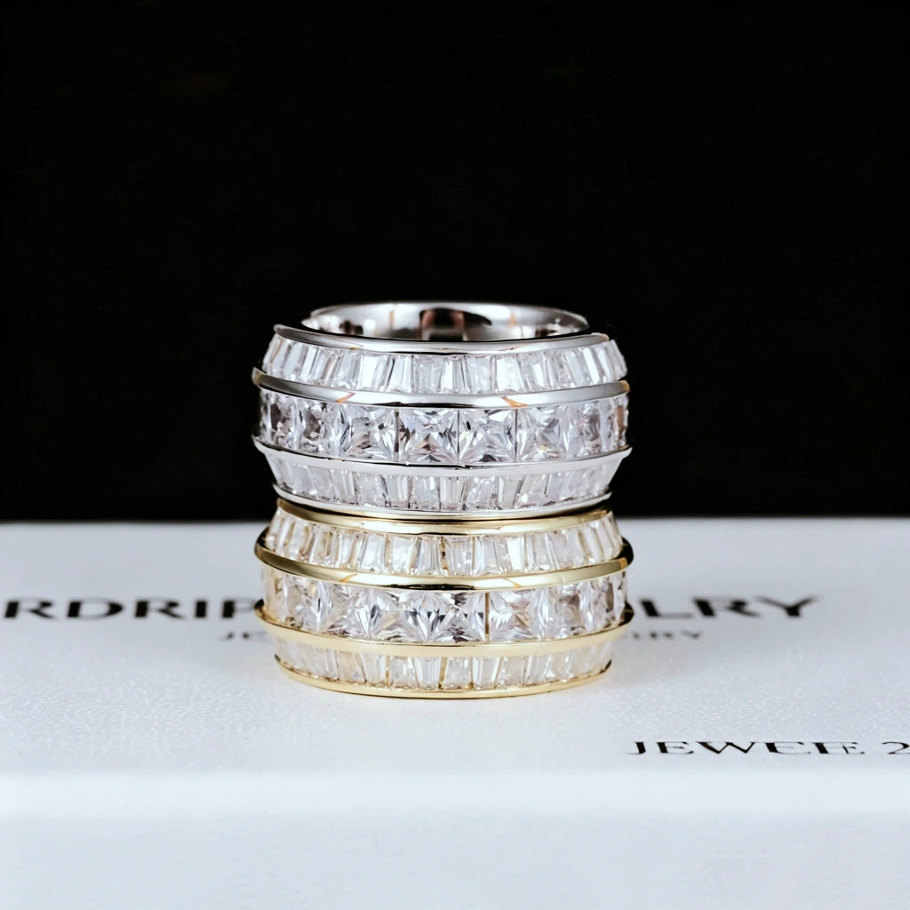 Stacked view Baguette Square Triple Row Ring 12mm wide men hip hop band ring, stacked gold plated and white gold plated rings with hand set flawless VVS simulated diamonds full pavé baguette and square stones heavy bling men statement jewelry RDRIP JEWELRY
