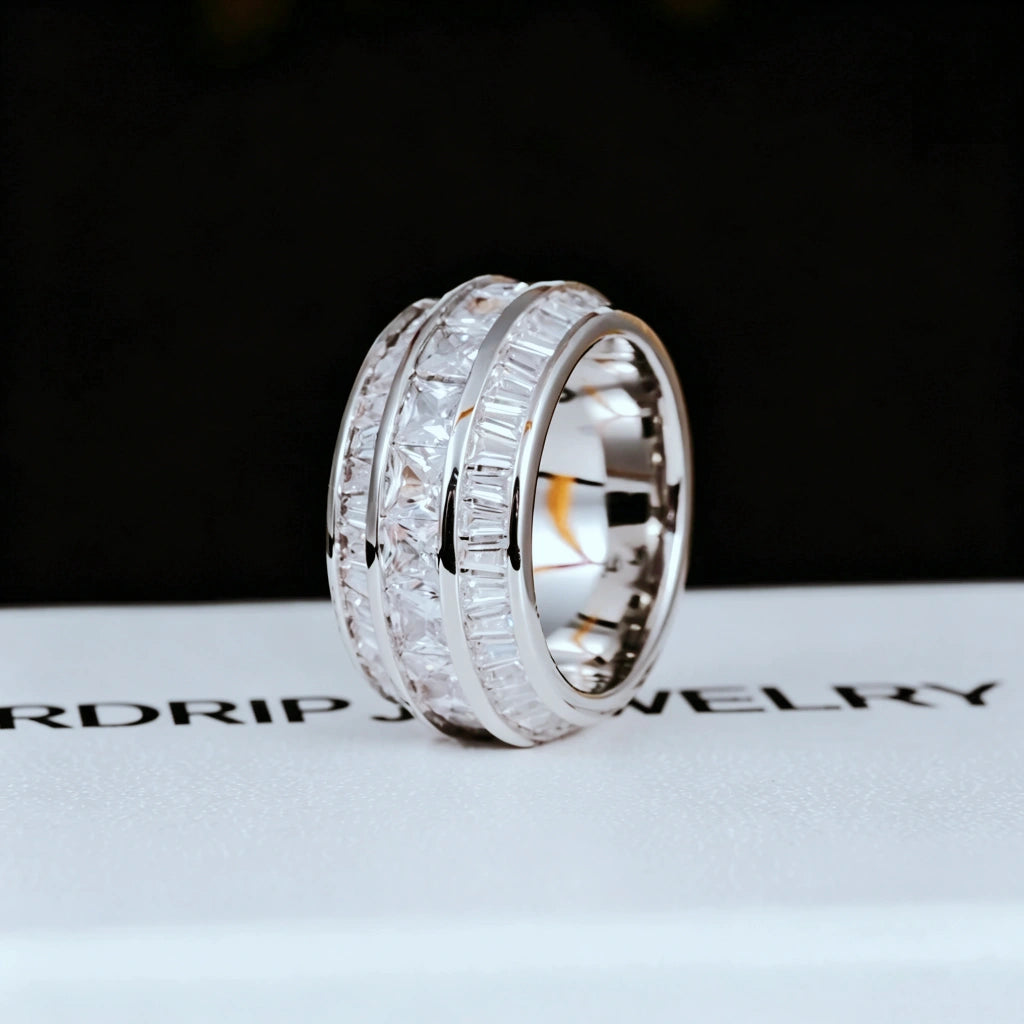 Side profile view of white gold plated Baguette Square Triple Row Ring 12mm wide men hip hop band ring, single ring showcase with hand set flawless VVS simulated baguette and square cut stones full pavé icy heavy weight mens bling statement jewelry RDRIP JEWELRY
