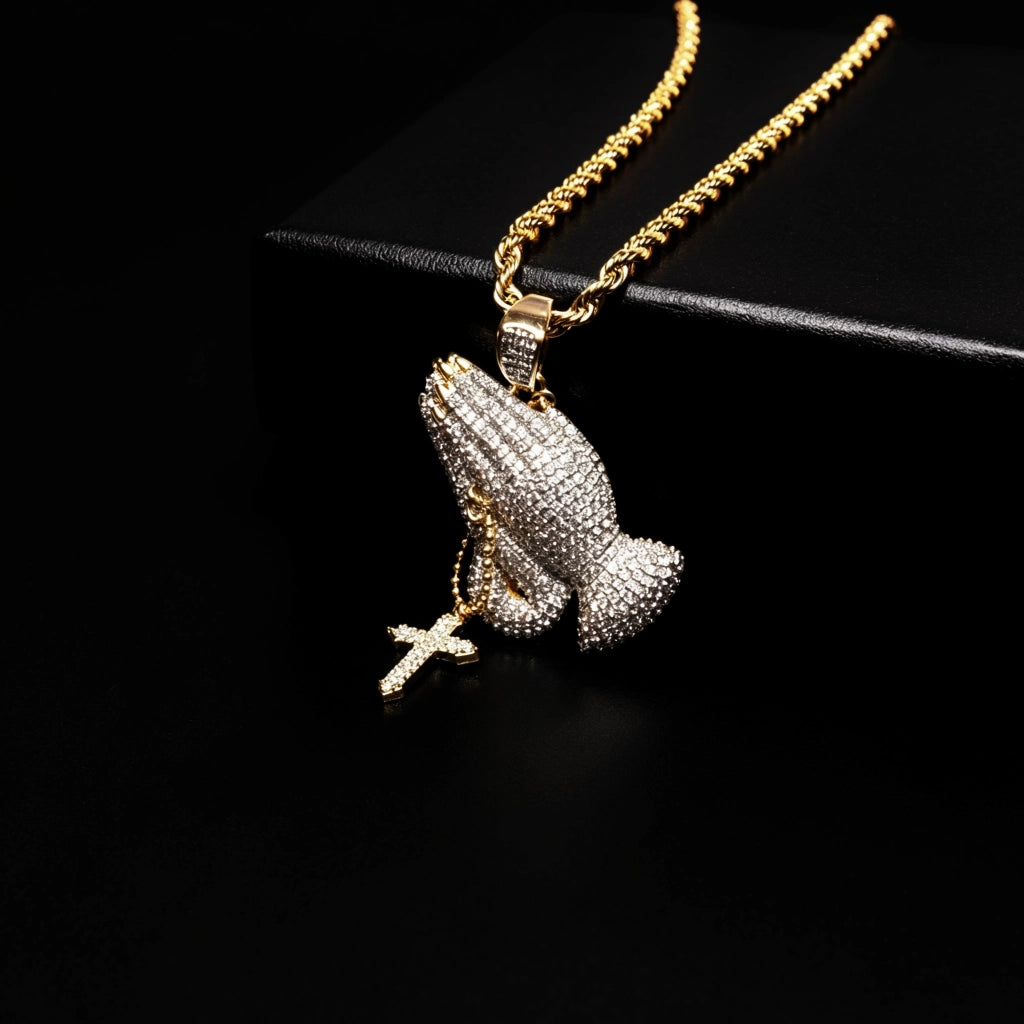 Iced two tone blessing praying hands pendant with dangling mini cross charm, fully paved flawless VVS simulated diamonds hip hop men necklace, copper 18k gold plated faith bling streetwear jewelry RDRIP JEWELRY
