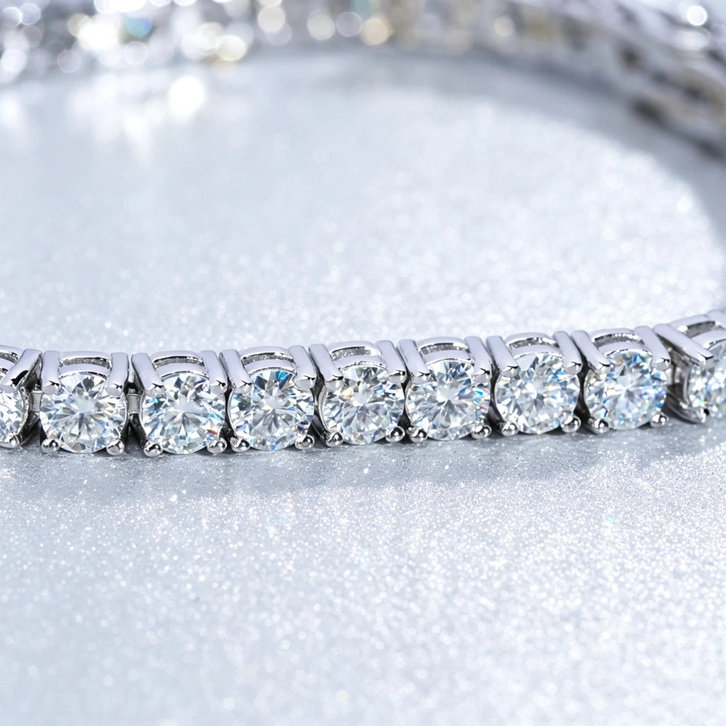 Close-up studio product shot of a straight row S925 sterling silver moissanite tennis bracelet, featuring round brilliant cut VVS1 D color moissanite stones secured by individual prong settings, clear stone facets, bright white and silver light reflection, clean polished metal finish, elegant white bokeh background, luxury hip hop bling wrist chain for men and women, premium lab created moissanite jewelry, hand set stones, comfortable daily wear bracelet, party and streetwear accessory, high sparkle fine