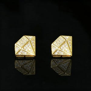 Gold Diamond Facet Style Geometric 3D Stud Earrings Pair Front View, Micro Pave Cubic Zirconia Iced Out Pyramid Ear Studs, Hip Hop Jewelry for Men RDRIP JEWELRY
