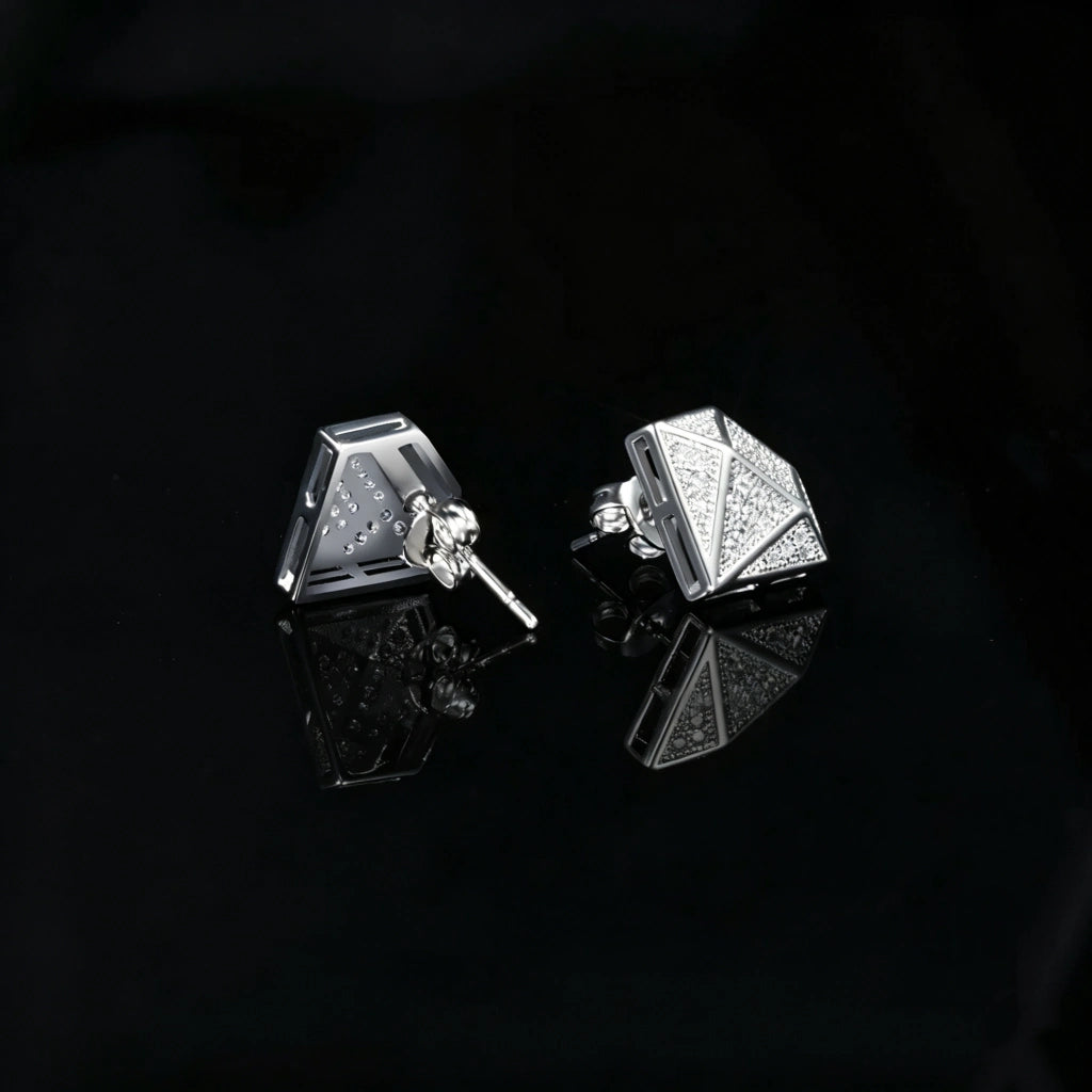 Silver Diamond Facet Style Geometric 3D Stud Earrings Back View, Micro Pave Cubic Zirconia Iced Out Pyramid Ear Studs, Hip Hop Jewelry for Men RDRIP JEWELRY
