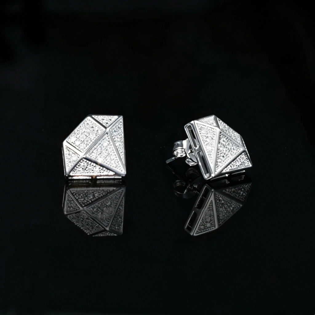 Silver Diamond Facet Style Geometric 3D Stud Earrings, Micro Pave Cubic Zirconia Iced Out Pyramid Ear Studs, Hip Hop Jewelry for Men RDRIP JEWELRY
