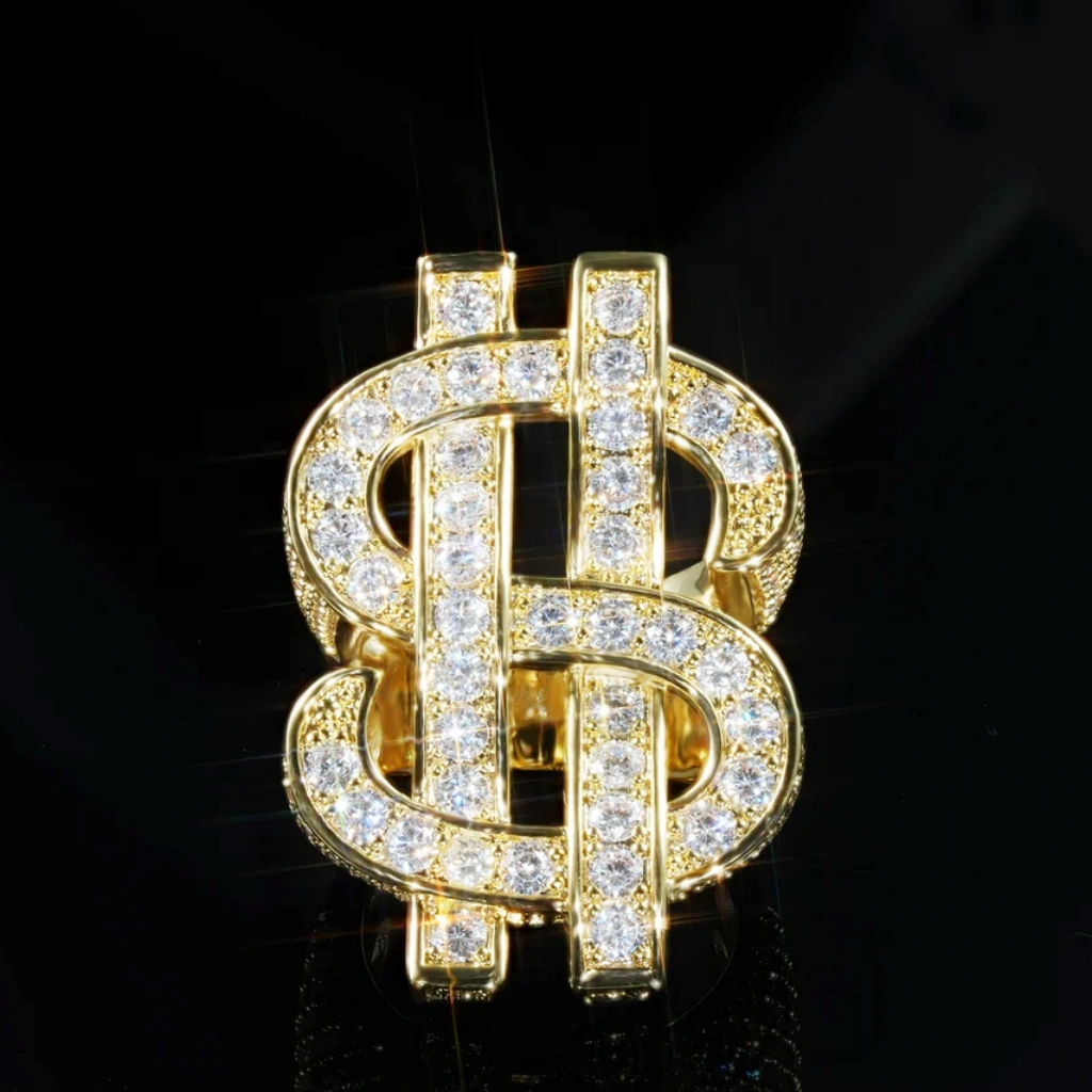 RDRIP JEWELRY Dollar Tycoon hollow double US dollar sign ring 18k gold plated version, front studio close‑up shot, full paved sparkling AAA cubic zirconia stones, interlocked dollar symbol iced out hip hop men bling ring, bright sparkle effect on solid black background
