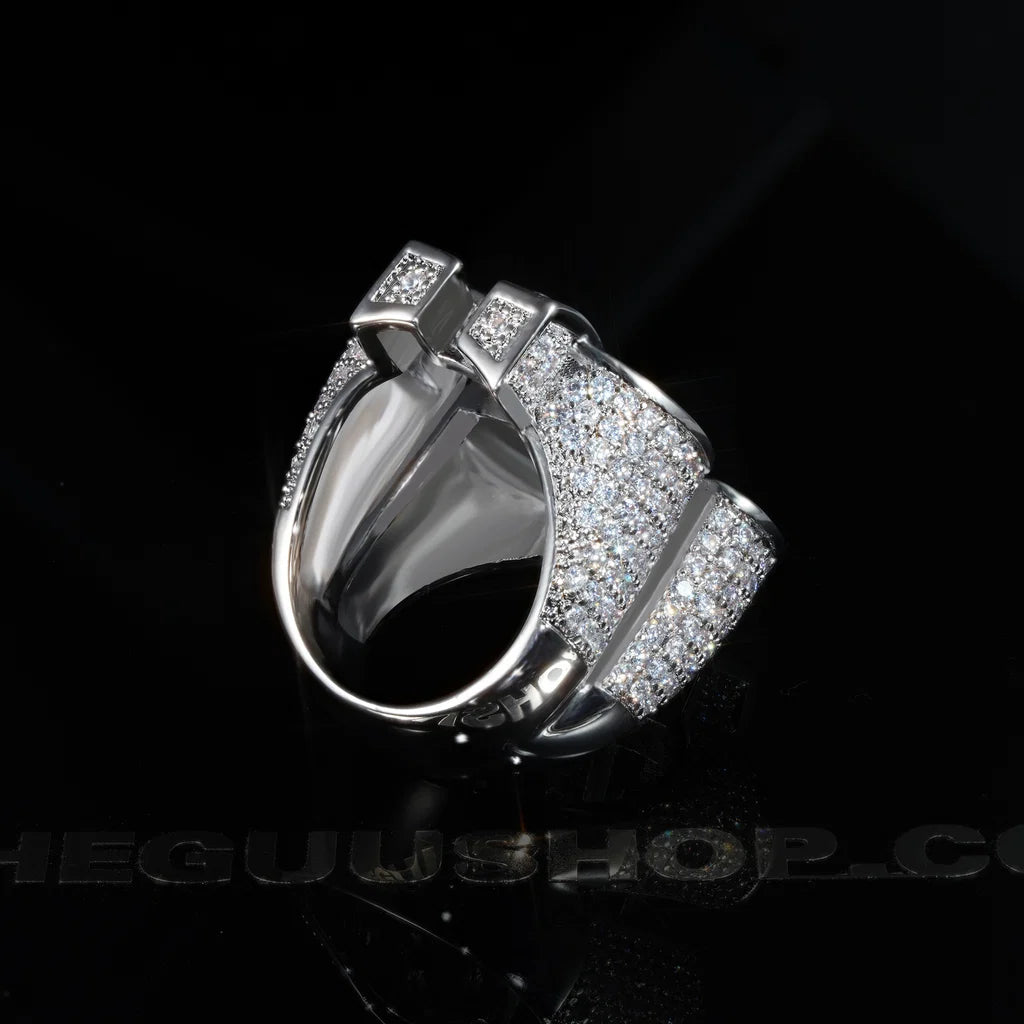 RDRIP JEWELRY Dollar Tycoon hollow double US dollar sign ring back close‑up view, showing inner polished band and side full paved AAA cubic zirconia details, silver tone iced out hip hop men statement ring, product detail shot on solid black reflective background
