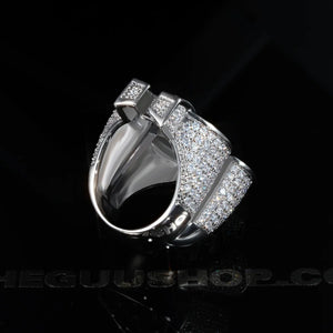 RDRIP JEWELRY Dollar Tycoon hollow double US dollar sign ring back close‑up view, showing inner polished band and side full paved AAA cubic zirconia details, silver tone iced out hip hop men statement ring, product detail shot on solid black reflective background
