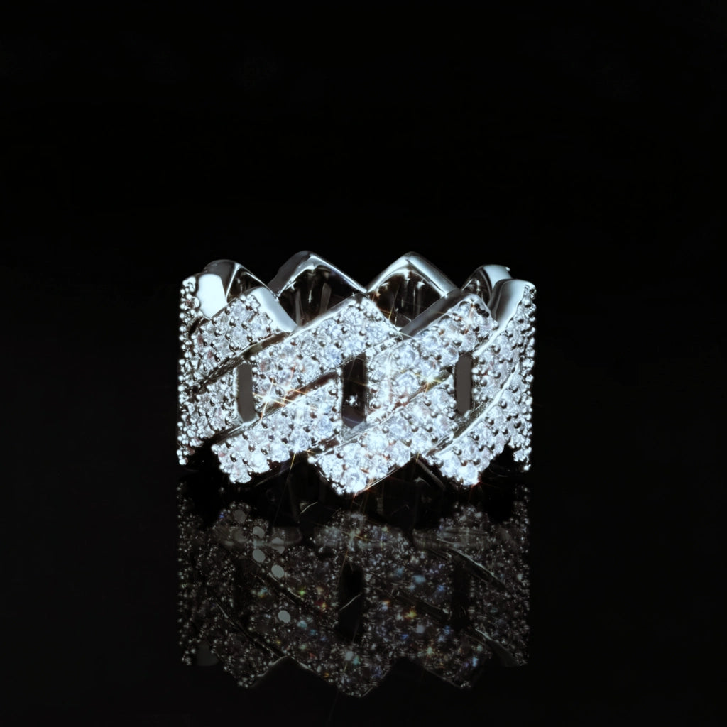 Front view studio shot of Iced Out 2‑Row Micro‑Paved AAA CZ Miami Cuban Lock Ring, rhodium plated wide 14mm mens hip hop ring, dense micro‑paved sparkling cubic zirconia stones with mirror reflection on black background RDRIP JEWELRY
