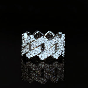 Front view studio shot of Iced Out 2‑Row Micro‑Paved AAA CZ Miami Cuban Lock Ring, rhodium plated wide 14mm mens hip hop ring, dense micro‑paved sparkling cubic zirconia stones with mirror reflection on black background RDRIP JEWELRY
