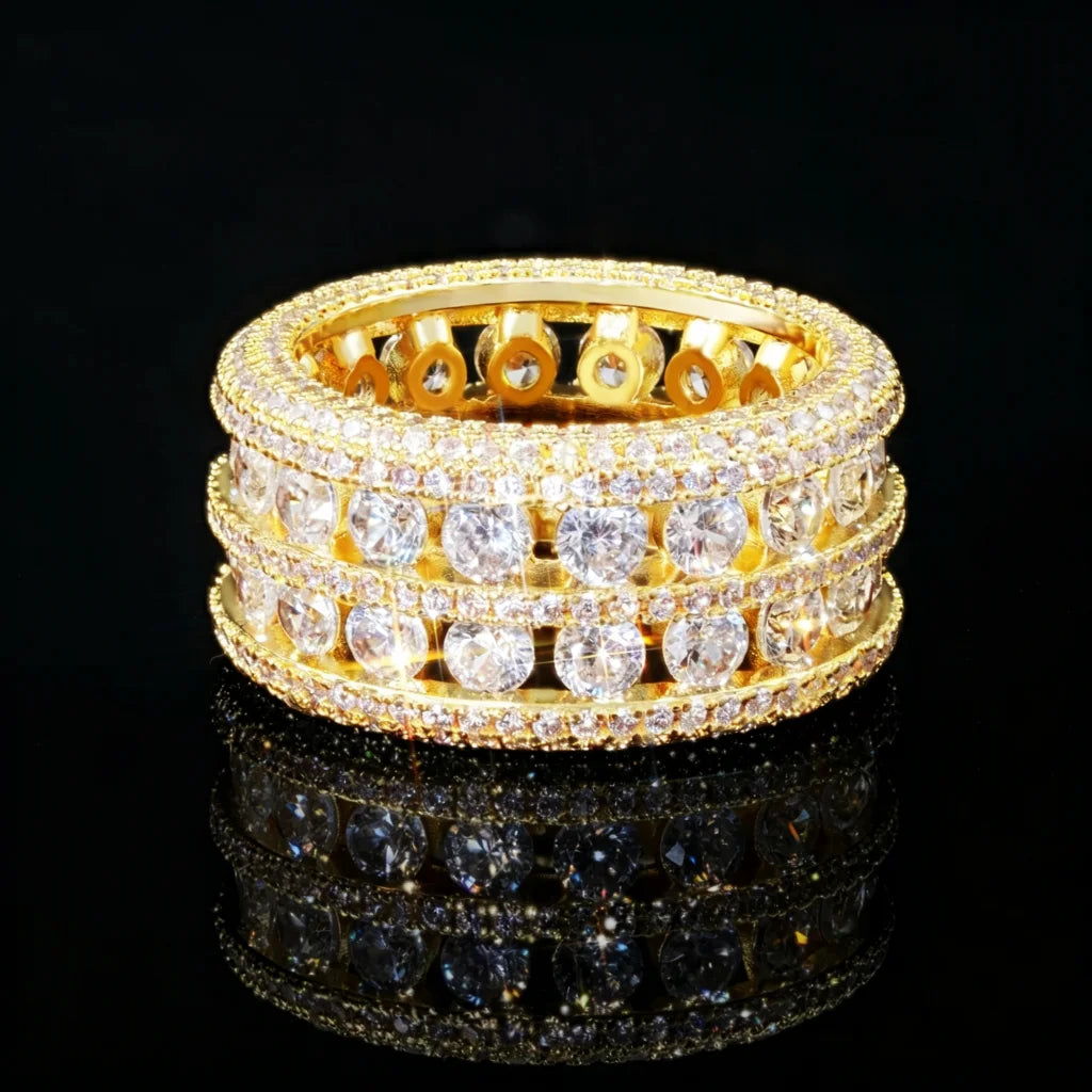RDRIP JEWELRY full iced double rows hollow wide band men ring,18k gold plated copper hip hop rapper statement ring,micro pave bling rhinestone stones,luxury icy hollow setting mens jewelry,black background with mirror reflection shot
