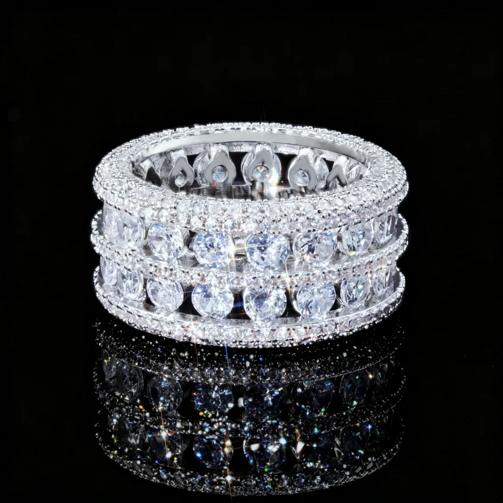 RDRIP JEWELRY full iced double rows hollow wide band silver tone men ring,copper base icy bling rhinestone hip hop rapper jewelry,micro pave stone hollow setting ring,black background with mirror reflection product photography
