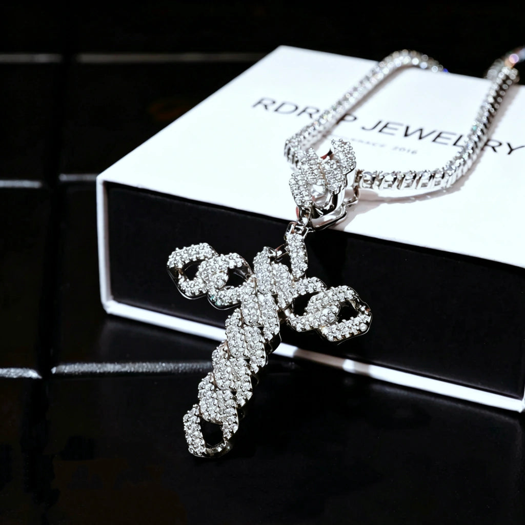 Full Paved Cuban Chain Style Cross Pendant, fully iced out AAA cubic zirconia bling cross charm, mens hip hop religious statement jewelry, silver finish street wear pendant necklace RDRIP JEWELRY
