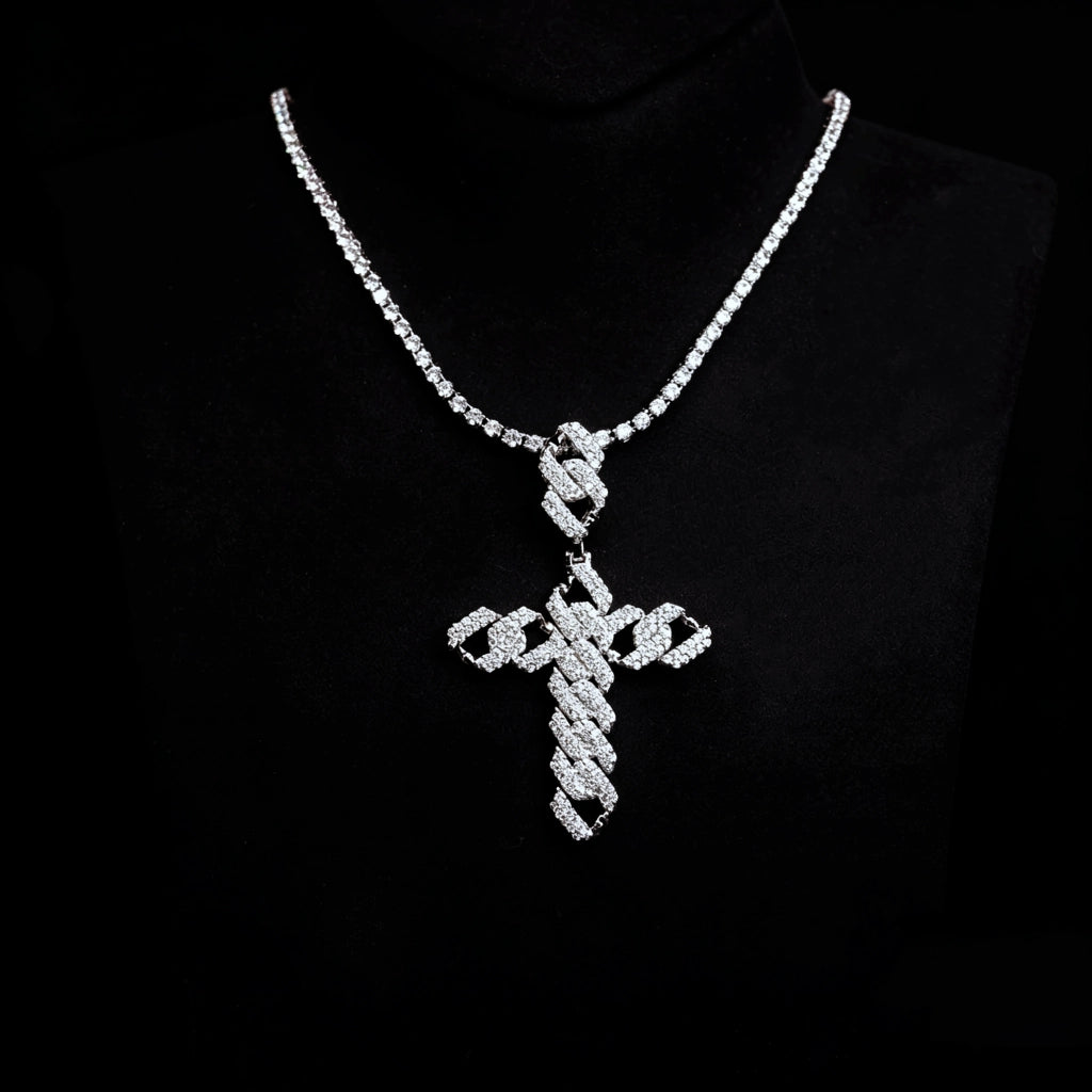 Full Paved Cuban Chain Style Cross Pendant displayed on black mannequin bust, complete iced out tennis chain set, AAA cubic zirconia bling cross necklace, mens hip hop religious street jewelry silver finish RDRIP JEWELRY
