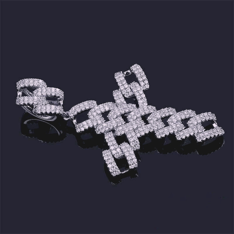 Full Paved Cuban Chain Style Cross Pendant side angle close‑up shot, iced out AAA cubic zirconia cross charm placed on dark reflective surface, showing detailed stone setting, mens hip hop bling religious silver pendant jewelry RDRIP JEWELRY
