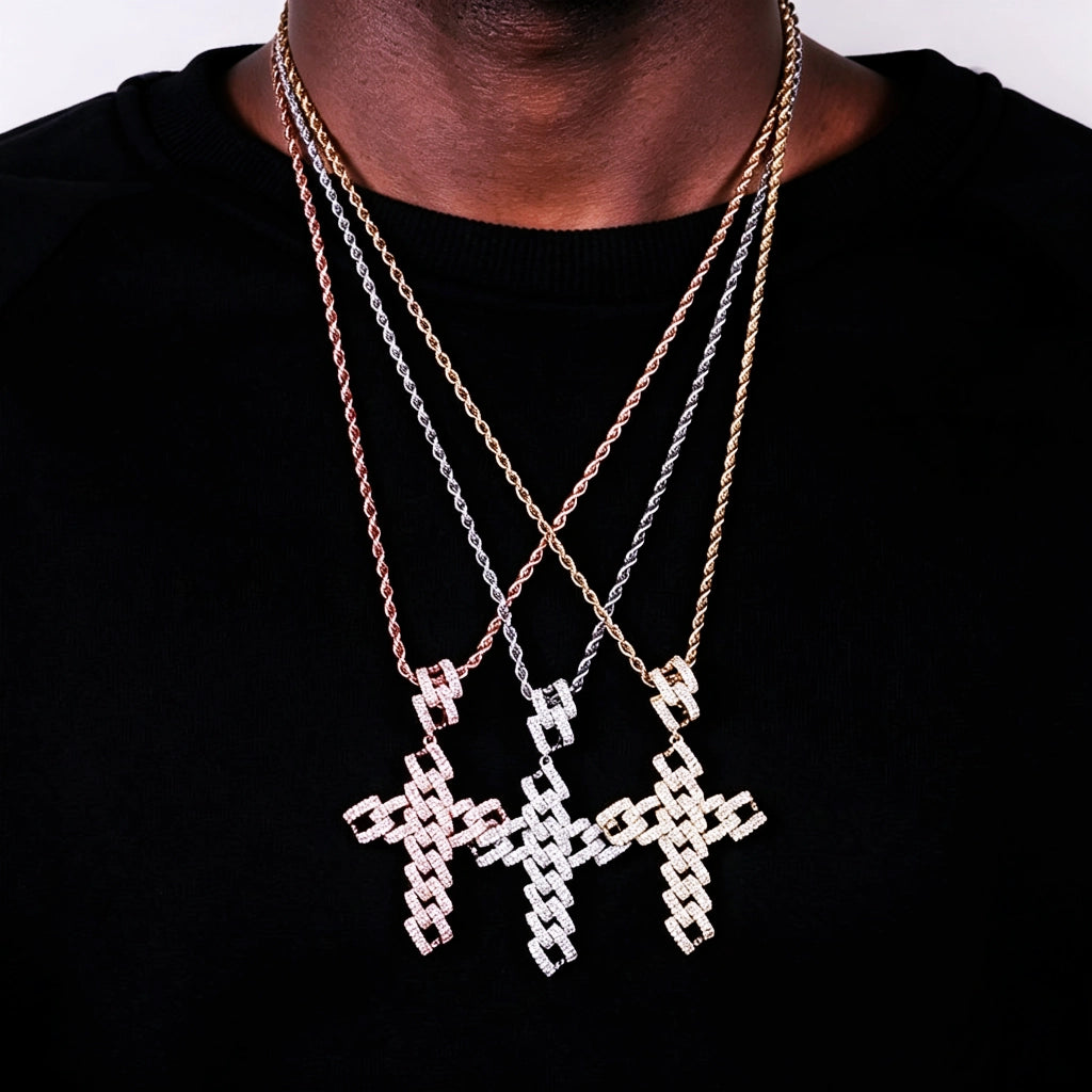 Full Paved Cuban Chain Style Cross Pendant three tone colorways rose gold silver gold, worn on neck model display, iced out AAA cubic zirconia mens hip hop cross necklace set, multiple color options streetwear religious bling jewelry RDRIP JEWELRY
