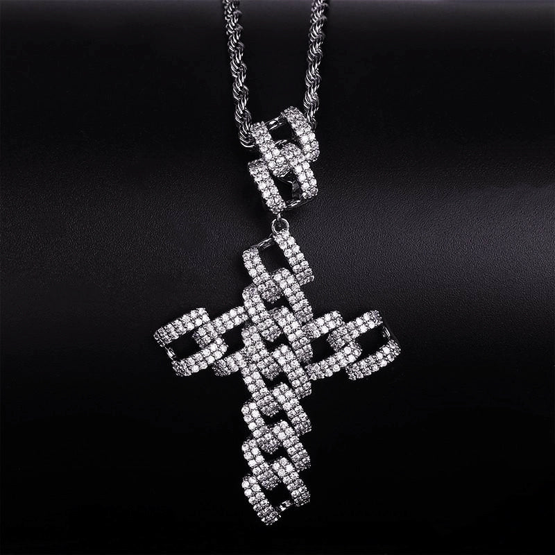 Full Paved Cuban Chain Style Cross Pendant matched with iced rope chain, full paved AAA cubic zirconia hip hop cross necklace, mens bling religious street jewelry silver finish shot on dark leather background RDRIP JEWELRY
