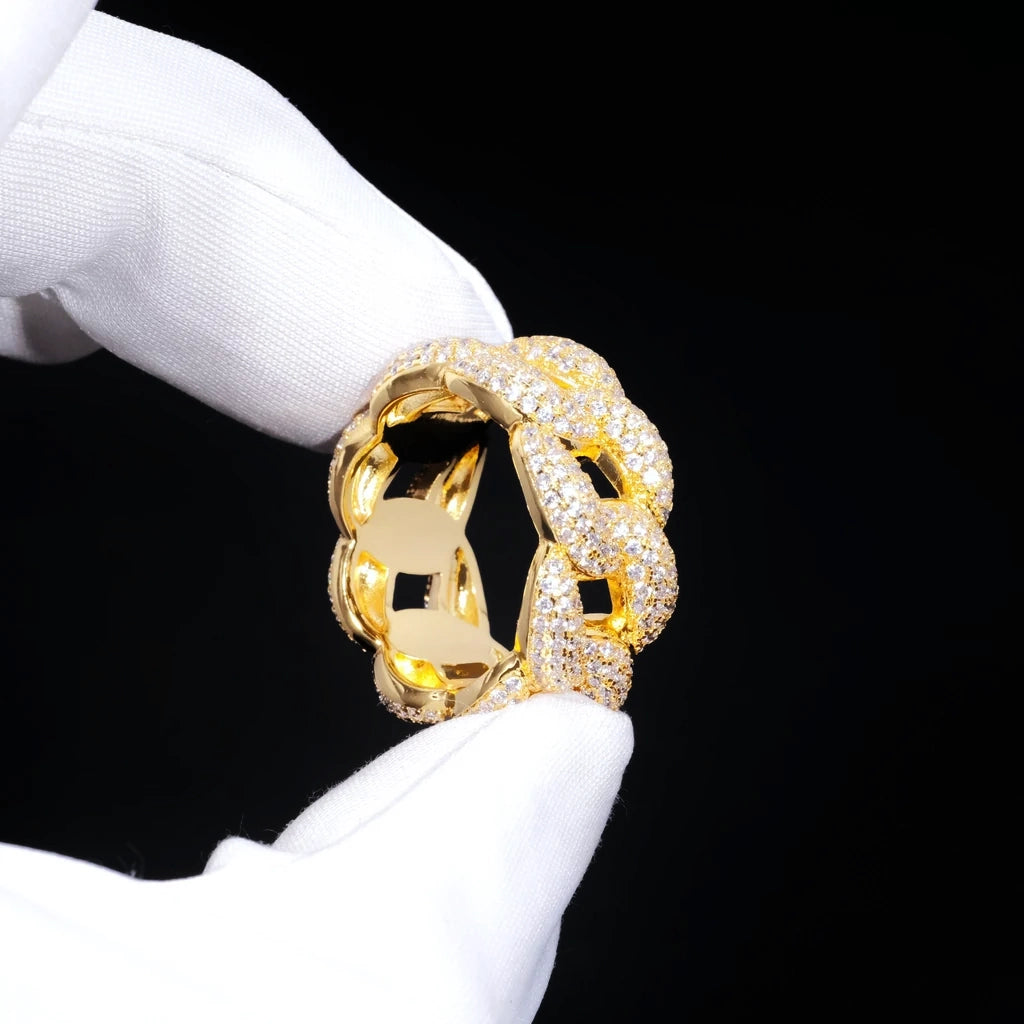 Full Paved Iced Bubble Cuban Ring 18K gold plated hand gloved product shot, 3 row flawless VVS simulated diamonds full pave hip hop ring, 10mm wide unisex bling eternity band urban streetwear jewelry RDRIP JEWELRY
