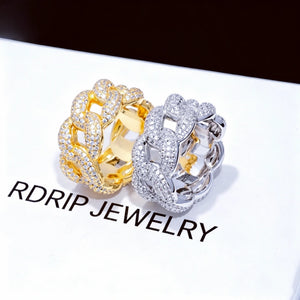 Full Paved Iced Bubble Cuban Ring gold and white gold angled close up shot placed on branded gift box, 3 row flawless VVS simulated diamonds full pave hip hop rings, 10mm width unisex bling statement urban fashion jewelry RDRIP JEWELRY
