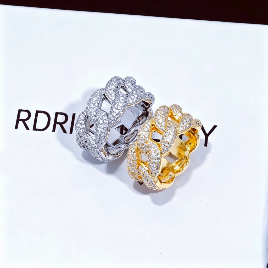 Full Paved Iced Bubble Cuban Ring gold and white gold pairs display on branded gift box, 3 row flawless VVS simulated diamonds full pave setting, 10mm width hip hop unisex bling rings, premium streetwear fashion jewelry RDRIP JEWELRY
