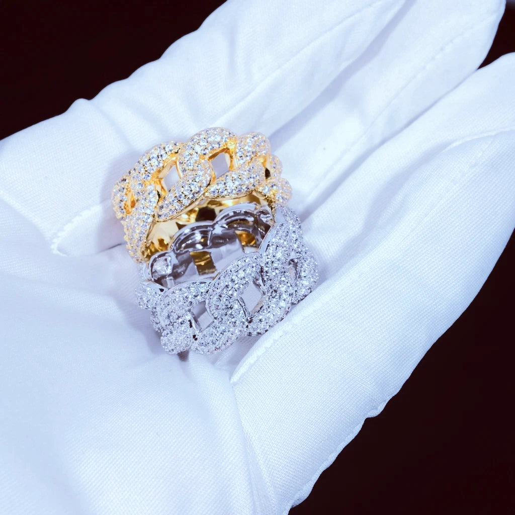 Full Paved Iced Bubble Cuban Ring two tone 18K gold and white gold version side by side comparison shot, 3 row VVS simulated diamonds full pave hip hop unisex rings, 10mm width bling eternity band street fashion jewelry RDRIP JEWELRY
