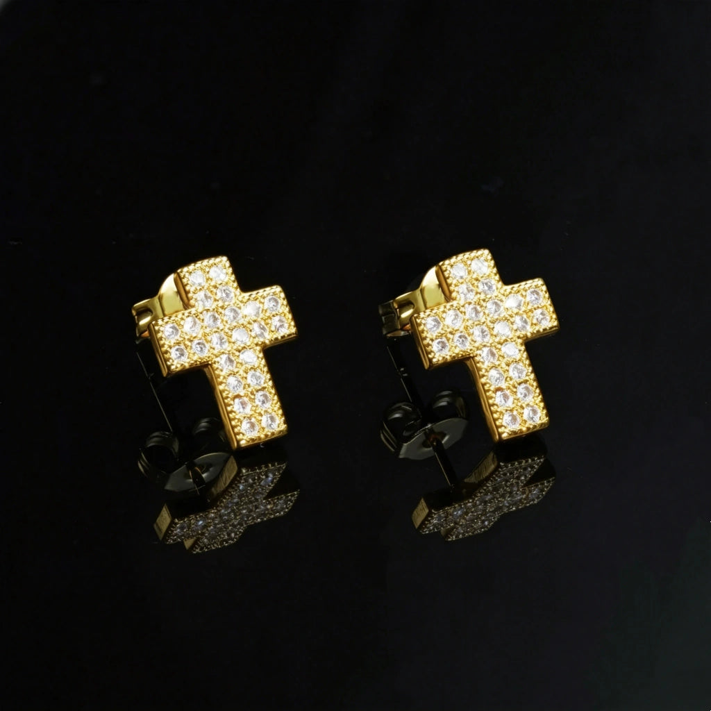 18K Gold Plated Faith Cross Hip Hop Stud Earrings, fully iced micro pave VVS simulated diamond cross stud earrings, unisex bling cross earrings for men women black reflective background shot RDRIP JEWELRY
