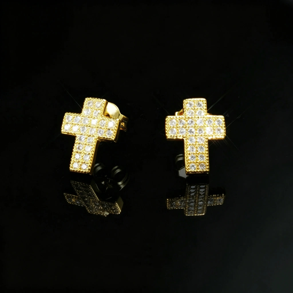 18K Gold Plated Faith Cross Hip Hop Stud Earrings, fully iced micro pave VVS simulated diamond cross studs, unisex bling cross earrings for men women trendy hip hop jewelry RDRIP JEWELRY

