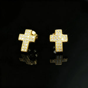 18K Gold Plated Faith Cross Hip Hop Stud Earrings, fully iced micro pave VVS simulated diamond cross studs, unisex bling cross earrings for men women trendy hip hop jewelry RDRIP JEWELRY
