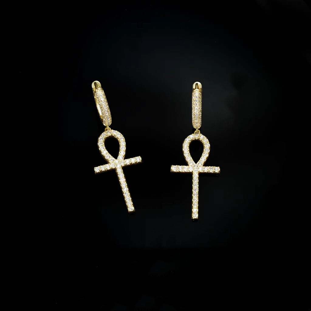 18K Gold Plated Iced Ankh Cross Dangle Huggie Hip Hop Earrings, micro pave VVS simulated diamond Egyptian life symbol drop earrings front view, unisex hip hop bling jewelry black background RDRIP JEWELRY
