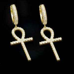 18K Gold Plated Iced Ankh Cross Dangle Huggie Hip Hop Earrings, micro pave VVS simulated diamond Egyptian life symbol drop earrings, unisex hip hop bling jewelry black background RDRIP JEWELRY
