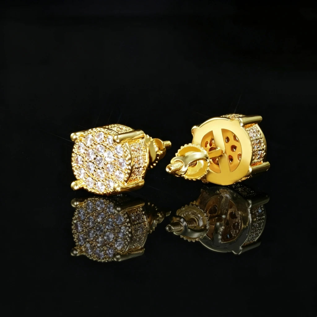 18K Gold Plated Micro Pave Iced Square Frame Huggie Earrings back detail view, huggie clasp and post structure, flawless VVS simulated diamond hip hop unisex bling jewelry, black reflective background RDRIP JEWELRY
