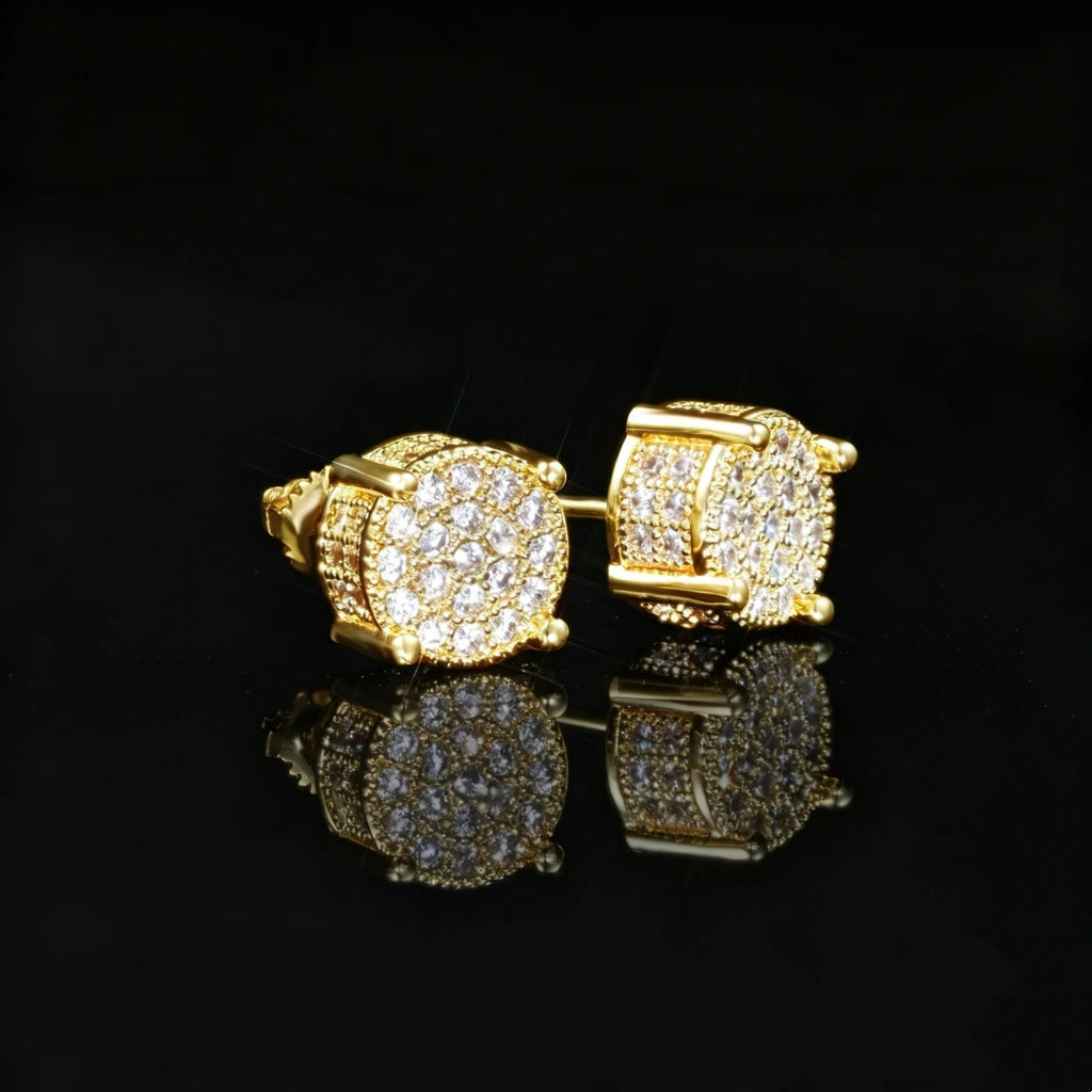 18K Gold Plated Micro Pave Iced Square Frame Huggie Earrings detail view, flawless VVS simulated diamond hip hop unisex bling jewelry, shot on black reflective background RDRIP JEWELRY
