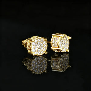 18K Gold Plated Micro Pave Iced Square Frame Huggie Earrings detail view, flawless VVS simulated diamond hip hop unisex bling jewelry, shot on black reflective background RDRIP JEWELRY
