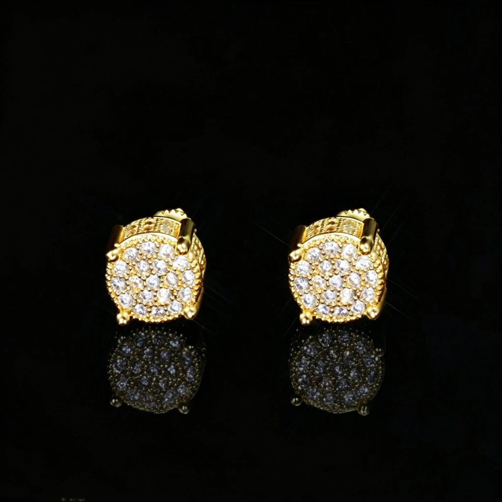 18K Gold Plated Micro Pave Iced Square Frame Huggie Earrings, micro pave flawless VVS simulated diamond hip hop huggie earrings, unisex bling jewelry with reflection on black background RDRIP JEWELRY
