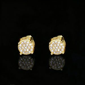18K Gold Plated Micro Pave Iced Square Frame Huggie Earrings, micro pave flawless VVS simulated diamond hip hop huggie earrings, unisex bling jewelry with reflection on black background RDRIP JEWELRY
