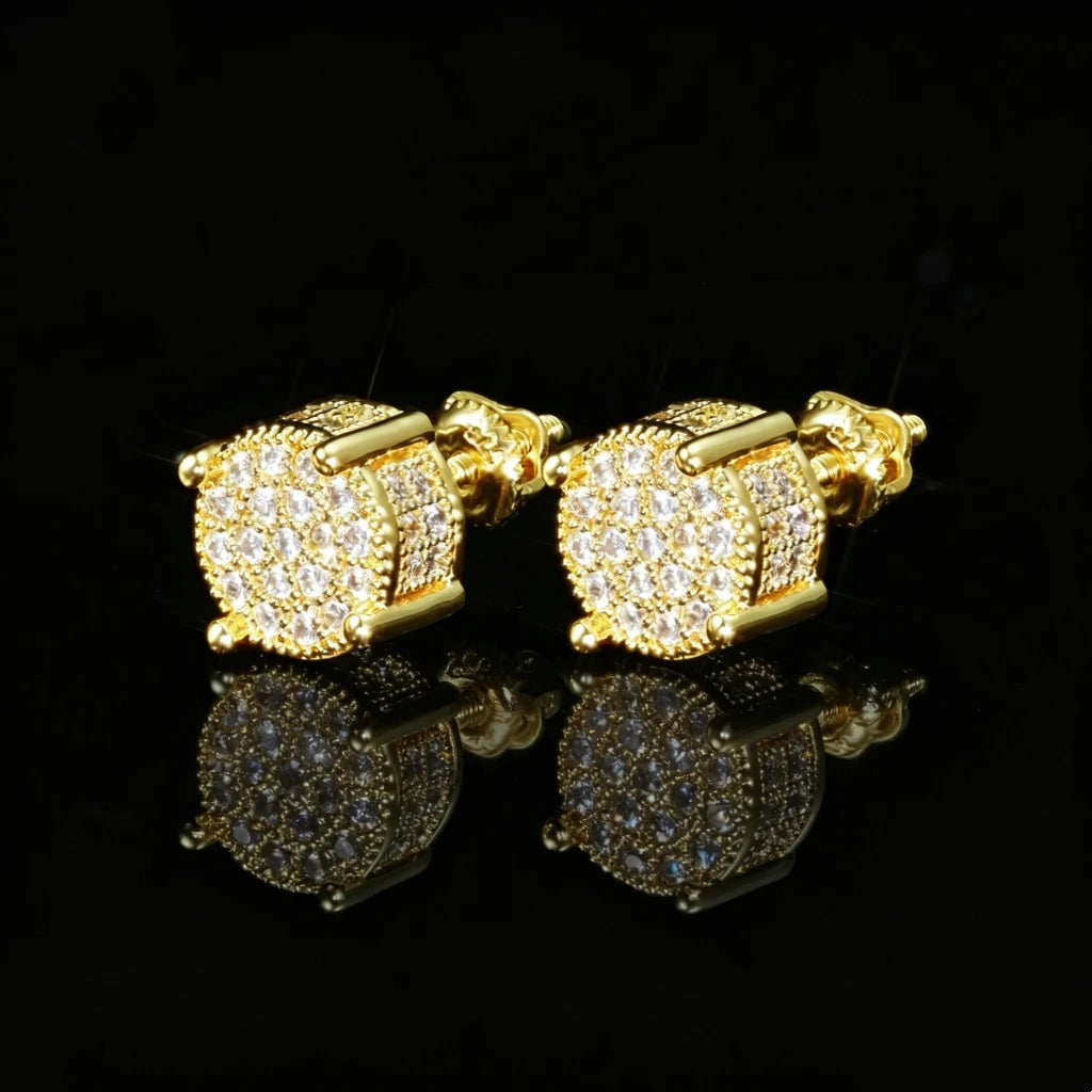 18K Gold Plated Micro Pave Iced Square Frame Huggie Earrings side view, flawless VVS simulated diamond hip hop earrings, unisex bling jewelry on black reflective background RDRIP JEWELRY
