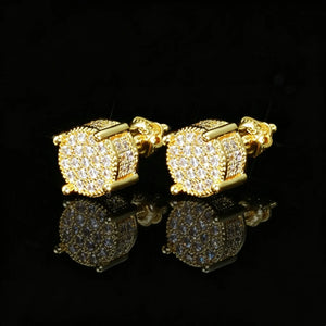 18K Gold Plated Micro Pave Iced Square Frame Huggie Earrings side view, flawless VVS simulated diamond hip hop earrings, unisex bling jewelry on black reflective background RDRIP JEWELRY

