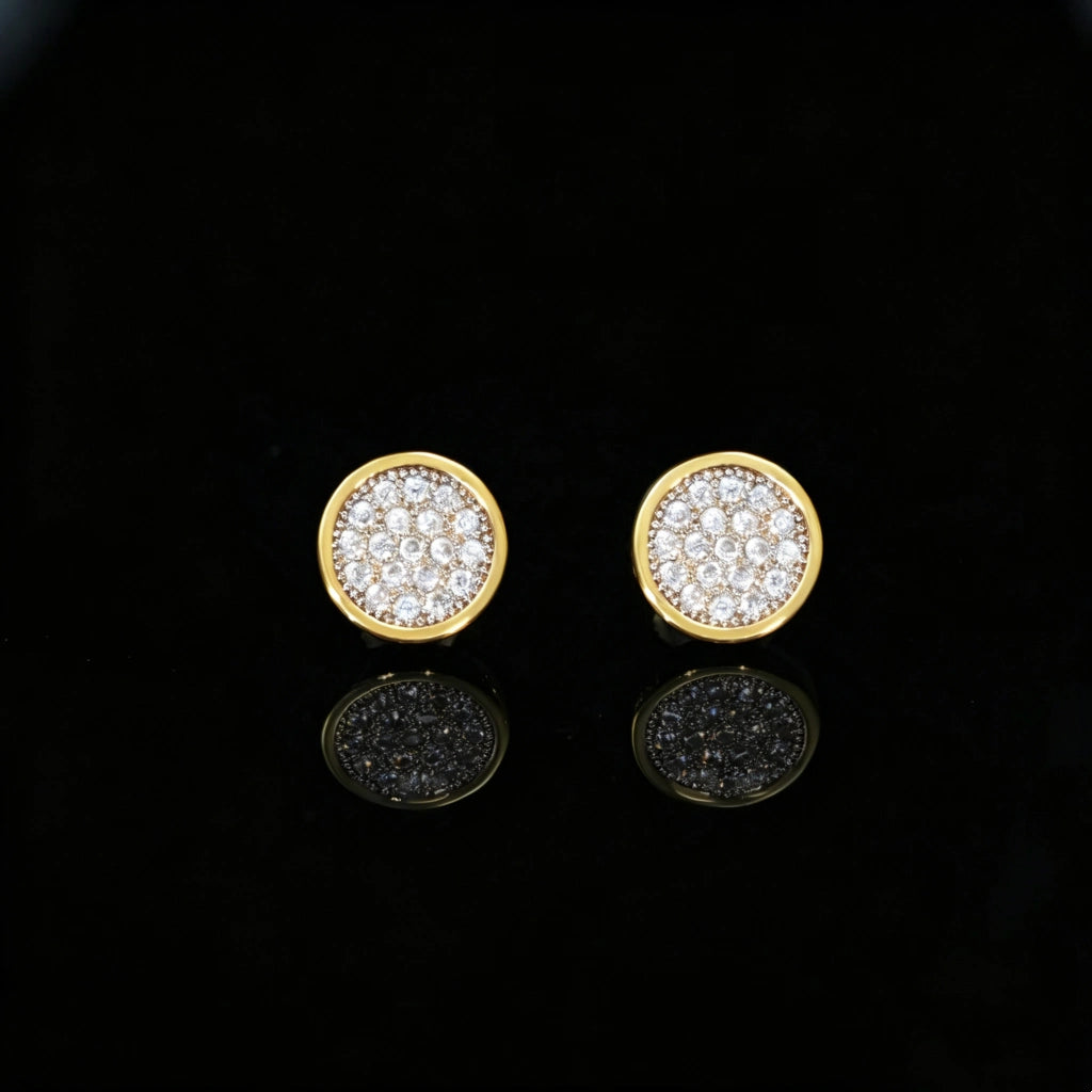 18K Gold-Plated Round Pavé Cluster Stud Earrings, Flat Lay Front View, Iced Out Flawless VVS Simulated Diamond Screw Back Earrings, Unisex Hip Hop Bling Statement Jewelry RDRIP JEWELRY
