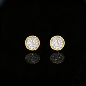18K Gold-Plated Round Pavé Cluster Stud Earrings, Flat Lay Front View, Iced Out Flawless VVS Simulated Diamond Screw Back Earrings, Unisex Hip Hop Bling Statement Jewelry RDRIP JEWELRY
