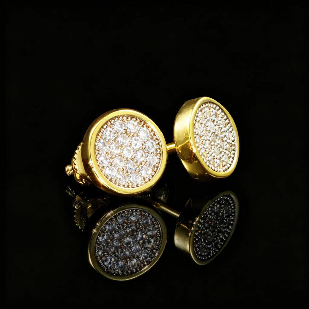 18K Gold-Plated Round Pavé Cluster Stud Earrings, Side View Showing Screw Back Closure, Iced Out Flawless VVS Simulated Diamond Unisex Hip Hop Bling Jewelry RDRIP JEWELRY
