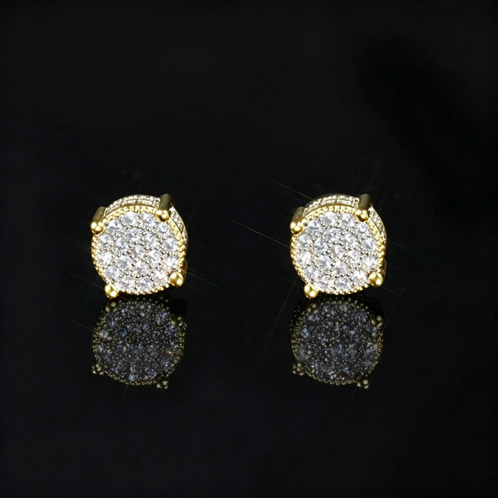 Gold Iced Out Round Cluster Micro Pave Stud Earrings Front View, 18k Gold Plated 925 Sterling Silver Hip Hop Men Jewelry, Full Micro Pave Cubic Zirconia Bling Studs, RDRIP JEWELRY

