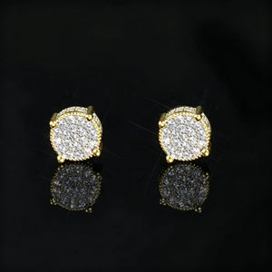 Gold Iced Out Round Cluster Micro Pave Stud Earrings Front View, 18k Gold Plated 925 Sterling Silver Hip Hop Men Jewelry, Full Micro Pave Cubic Zirconia Bling Studs, RDRIP JEWELRY
