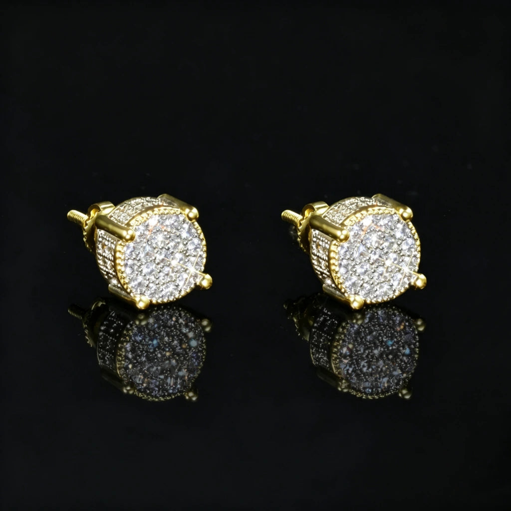 Iced Out Round Cluster Micro Pave Screw Back Stud Earrings, 18k gold plated 925 sterling silver hip hop earrings for men, full micro pave cubic zirconia bling stud earrings with screw back closure, RDRIP JEWELRY
