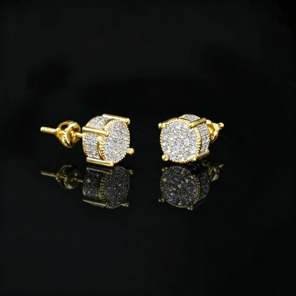 Gold Iced Out Round Cluster Micro Pave Stud Earrings Screw Back Detail View, 18k Gold Plated 925 Sterling Silver Hip Hop Men Jewelry, Full Micro Pave Cubic Zirconia Bling Studs, RDRIP JEWELRY

