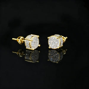 Gold Iced Out Round Cluster Micro Pave Stud Earrings Screw Back Detail View, 18k Gold Plated 925 Sterling Silver Hip Hop Men Jewelry, Full Micro Pave Cubic Zirconia Bling Studs, RDRIP JEWELRY
