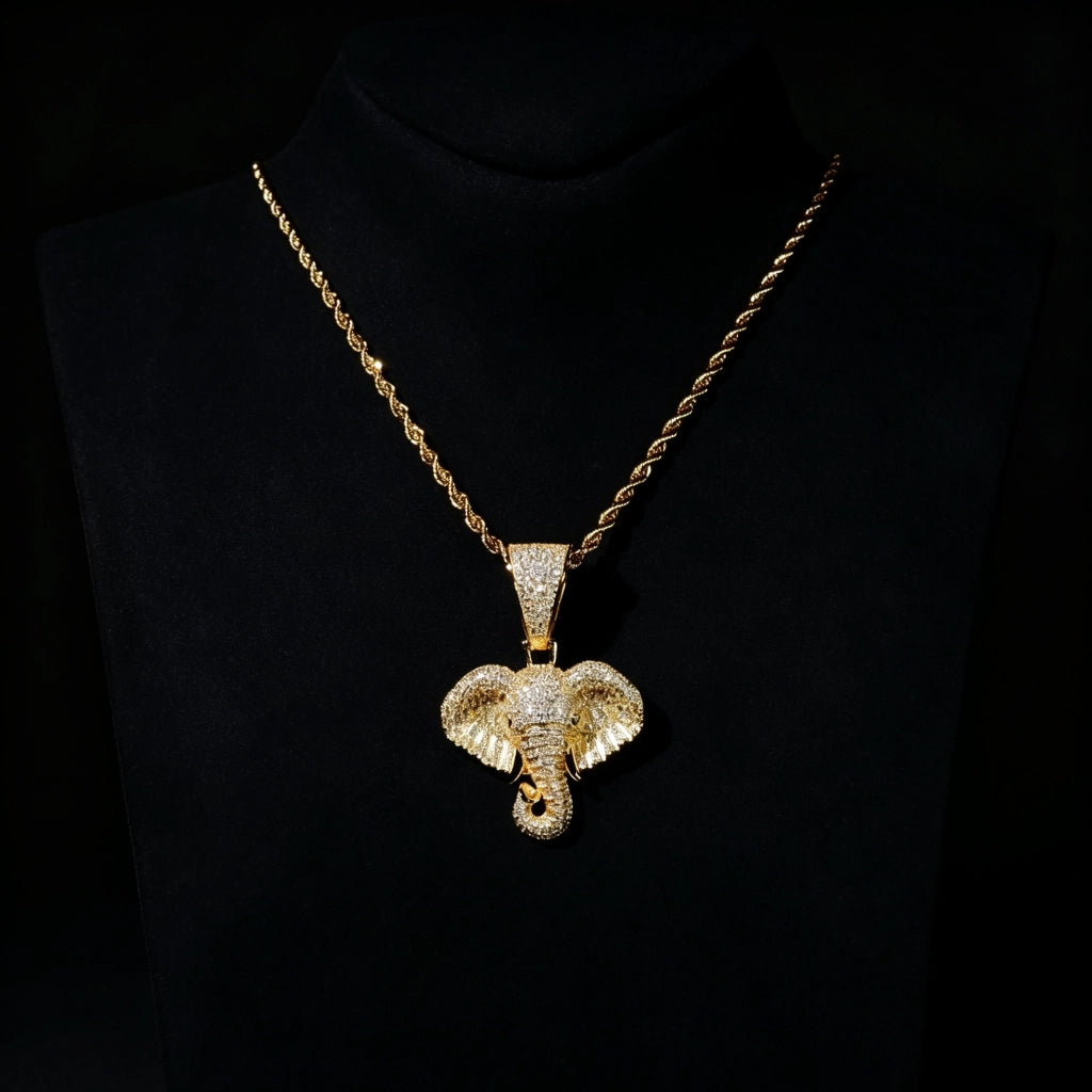 18k gold plated iced micro paved pharaoh elephant head pendant necklace, AAA cubic zirconia fully encrusted elephant charm matched with gold rope chain, hip hop men bling jewelry displayed on clean black neck bust, luxury street wear statement piece RDRIP JEWELRY
