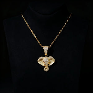 18k gold plated iced micro paved pharaoh elephant head pendant necklace, AAA cubic zirconia fully encrusted elephant charm matched with gold rope chain, hip hop men bling jewelry displayed on clean black neck bust, luxury street wear statement piece RDRIP JEWELRY
